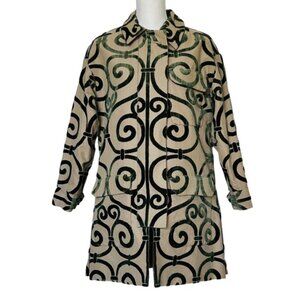 BILL BLASS Velvet Scroll Print Jacket Beige Green Vintage Boho Tapestry Coat S